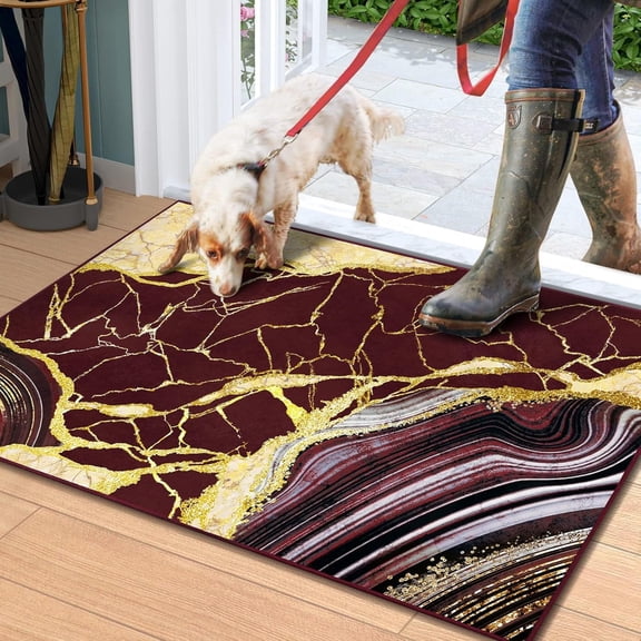 Bleum Cade Area Rugs for Doormat 2X3,Marble Swirl Abstract Rugs, Machine Washable Foldable Non Slip Outdoor Indoor Welcome Mat,Red Gold
