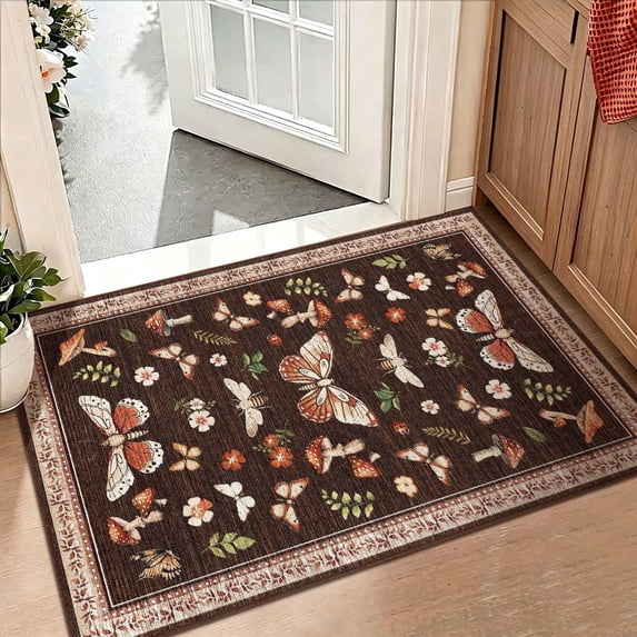 Bleum Cade Area Rug 2'x3' Washable Door Mat,Butterfly Mushroom Indoor Rugs for Entryway Doormat,Non Slip Ultra Soft Low Pile Welcome Mat for Hallway Laundry Entryway,Brown