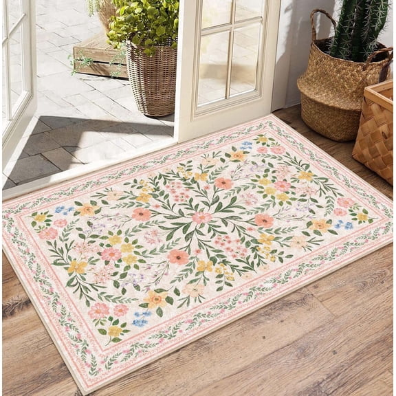 Bleum Cade Area Rug 2'x3' Washable Entryway Rugs,Boho Pink Floral Vintage Non Slip Door Mat Indoor Outdoor,Soft Faux Wool Low-Pile Welcome Door Mat for Hallway Laundry Entryway
