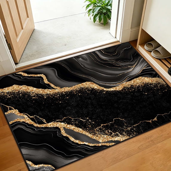 Bleum Cade Marble Swirl Abstract Area Rugs 2x3 Entryway Rug,Black Gold Non Slip Washable Door Mat Outdoor Indoor Welcome Mat for Entrance