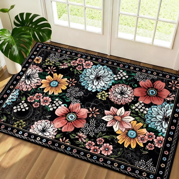 Bleum Cade Door Mat Indoor Entrance 2x3,Boho Floral Area Rug, Washable Rug for Entryway, Soft Faux Wool Indoor Throw Rugs for Kitchen, Laundry, Entry, Black