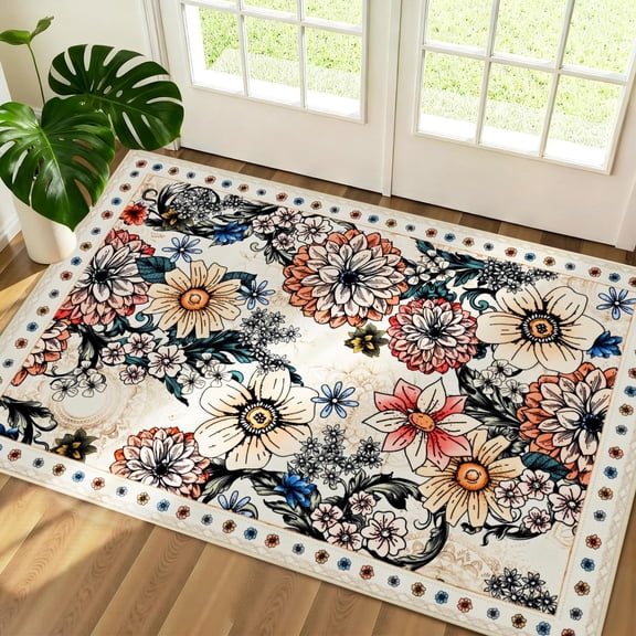 Bleum Cade Door Mat Indoor Entrance 2x3,Boho Floral Area Rug, Washable Rug for Entryway, Soft Faux Wool Non Slip Entryway Rugs Low Pile Throw Rugs for Kitchen, Laundry, Entry, Kids Room,White