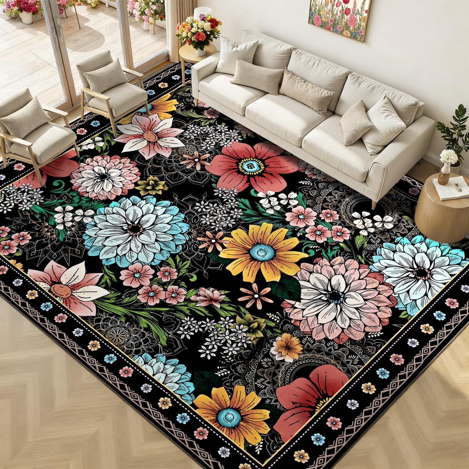 Bleum Cade Floral Area Rug for Living Room 5x7, Boho Washable Rug, Soft ...