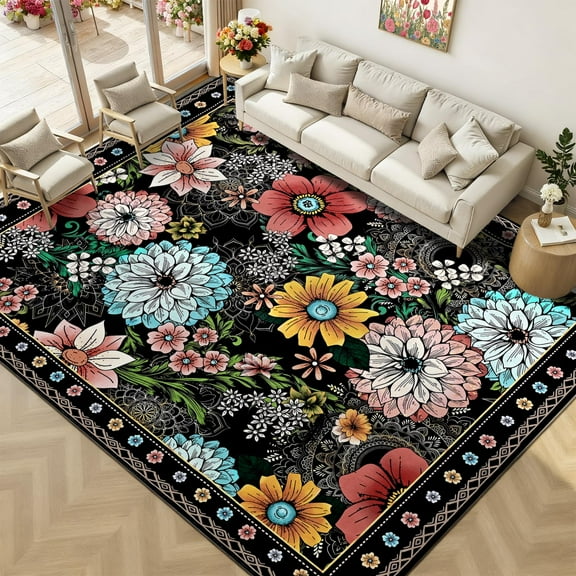 Bleum Cade Floral Area Rug for Living Room 5x7, Boho Washable Rug, Soft Faux Wool Indoor Rug Carpet for Living Room Bedroom, Black