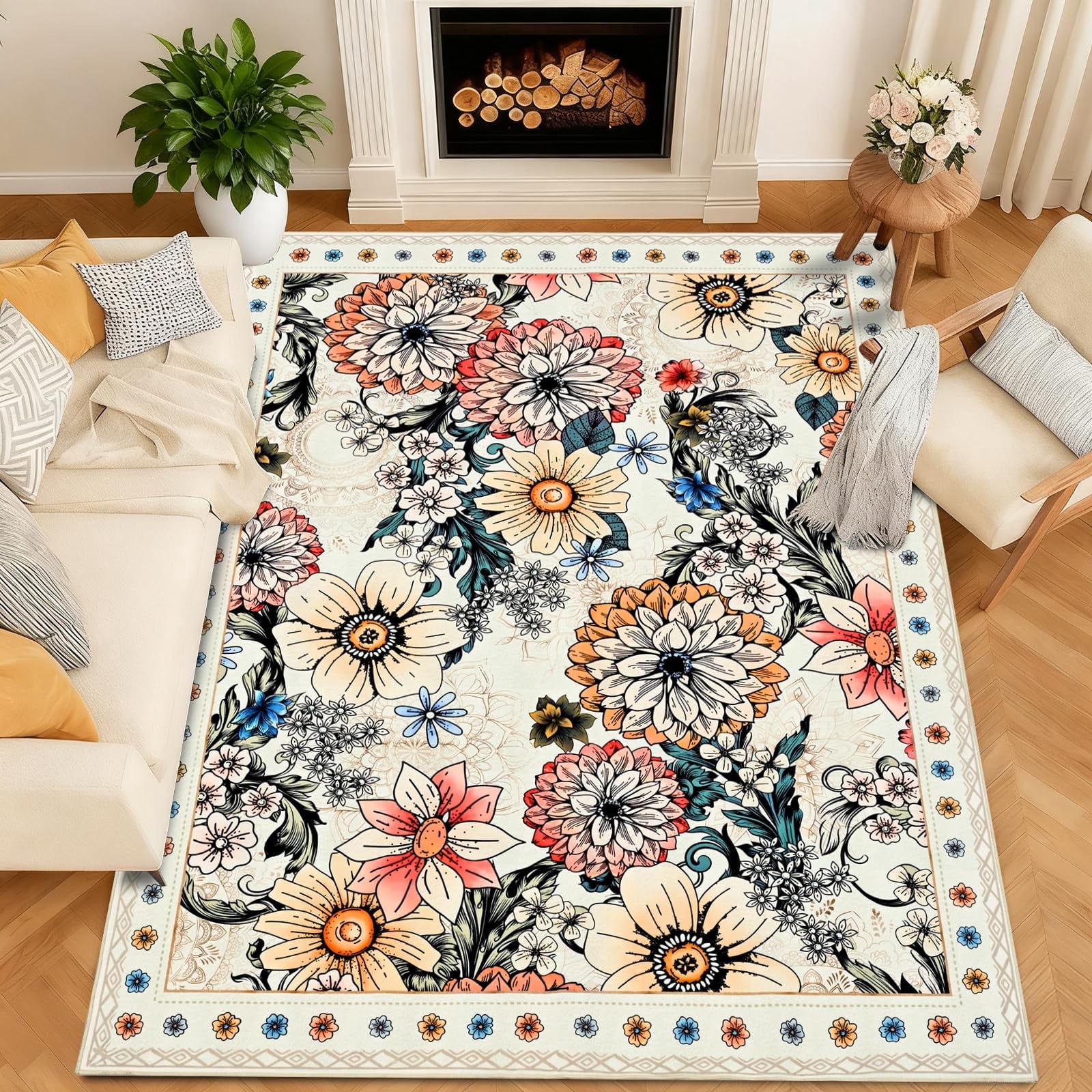 Bleum Cade Floral Area Rugs for Living Room 5x7, Boho Washable Rug, Soft Faux Wool Indoor Rug Carpet for Bedroom, Dining Room,White