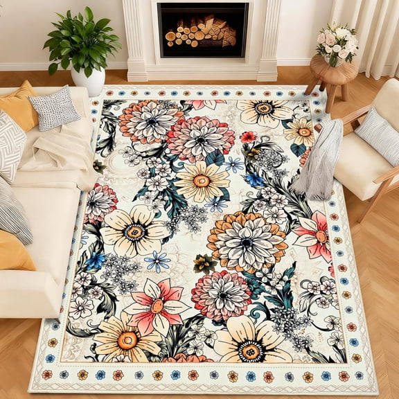 Bleum Cade Floral Area Rugs for Living Room 5x7, Boho Washable Rug, Soft Faux Wool Indoor Rug Carpet for Bedroom, Dining Room,White