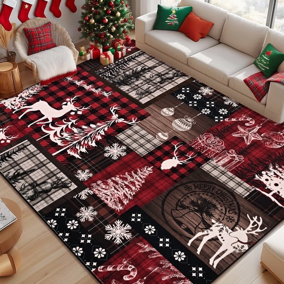Bleum Cade Christmas Rugs for Living Room 5x7 Area Rug, Christmas Tree Washable Rug for Bedroom, Non Slip Durable Soft Buffalo Plaid Throw Rugs Xmas Carpet for Dining Room