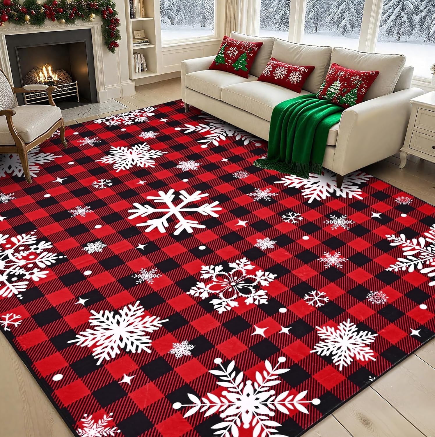 Bleum Cade Christmas Snowflake 5'x7' Area Rugs for Living Room, Washable Rugs for Bedroom Dinning Room,Red Buffalo Plaid Rug Ultra Soft Non Slip Durable Large Carpet Home Decor