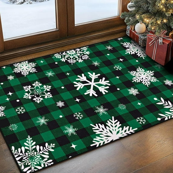 Bleum Cade Christmas Snowflake Area Rugs 2x3 Entryway Rug, Green Buffalo Plaid Non Slip Washable Door Mat,Outdoor Indoor Welcome Mat for Entrance,Christmas Decorations