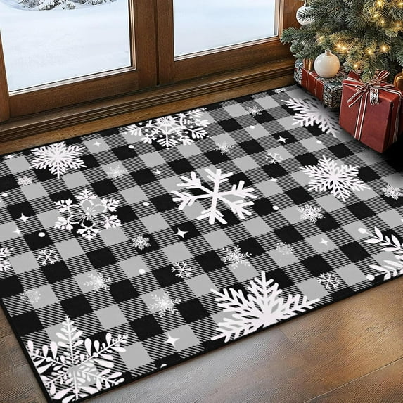 Bleum Cade Christmas Snowflake Area Rugs 2x3 Entryway Rug, Grey Buffalo Plaid Non Slip Washable Door Mat,Outdoor Indoor Welcome Mat for Entrance,Christmas Decorations