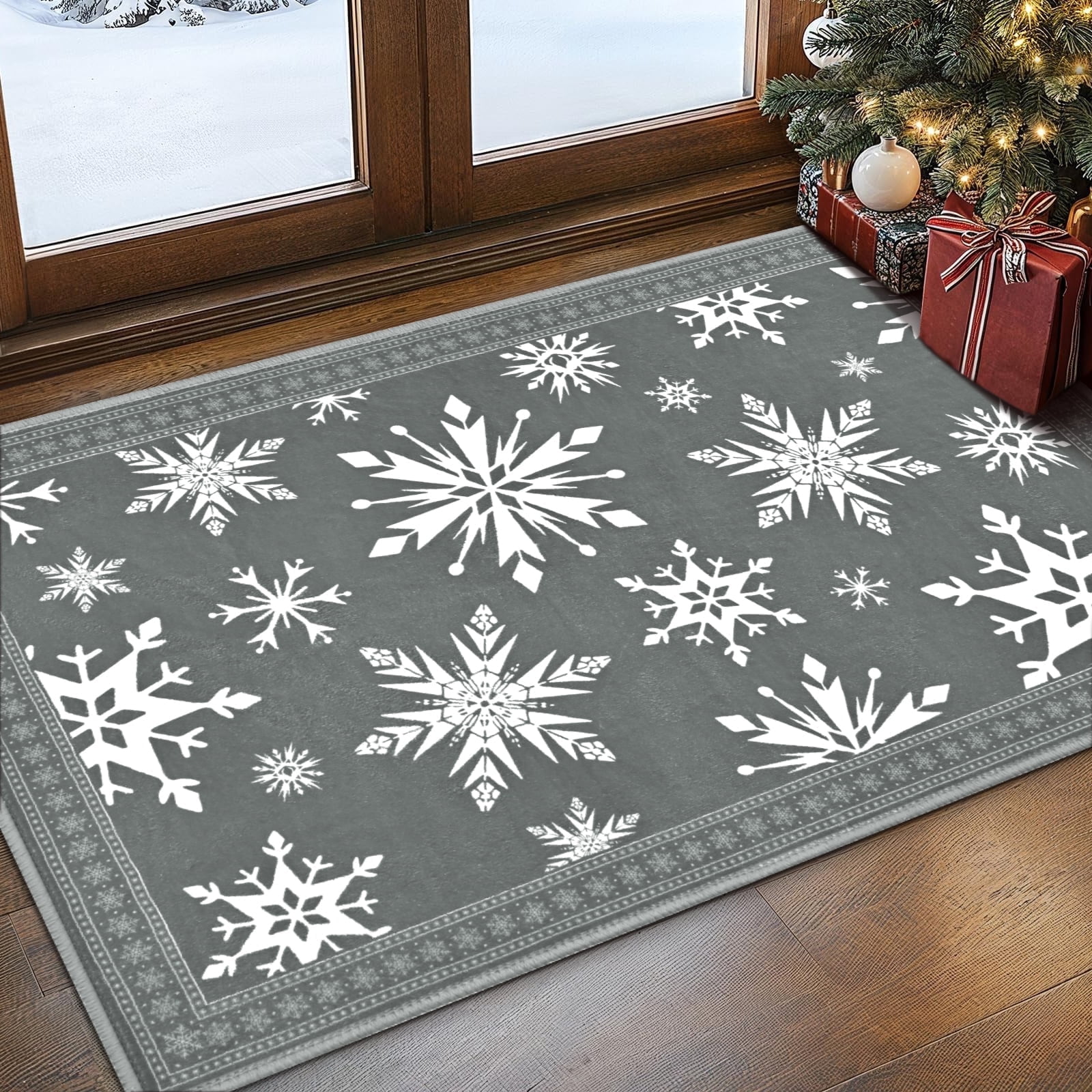 Bleum Cade Christmas Snowflake Area Rugs 2x3 Door Mat, Non Slip Washable Entryway Rug Outdoor Indoor Xmas Santa Welcome Mat for Entrance,Gray