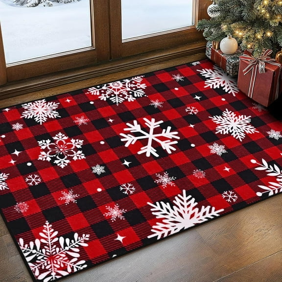 Bleum Cade Christmas Snowflake Area Rugs 2x3 Entryway Rug, Red Buffalo Plaid Non Slip Washable Door Mat,Outdoor Indoor Welcome Mat for Entrance,Christmas Decorations