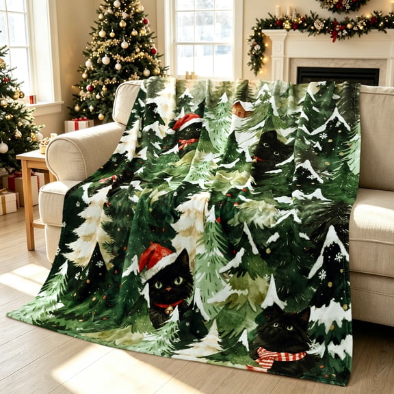 Bleum Cade Christmas Throw Blanket, Christmas Tree and Black Cats, Super Soft & Cozy Flannel Blankets for Couch Bed Holiday Decor (50" x 60" )