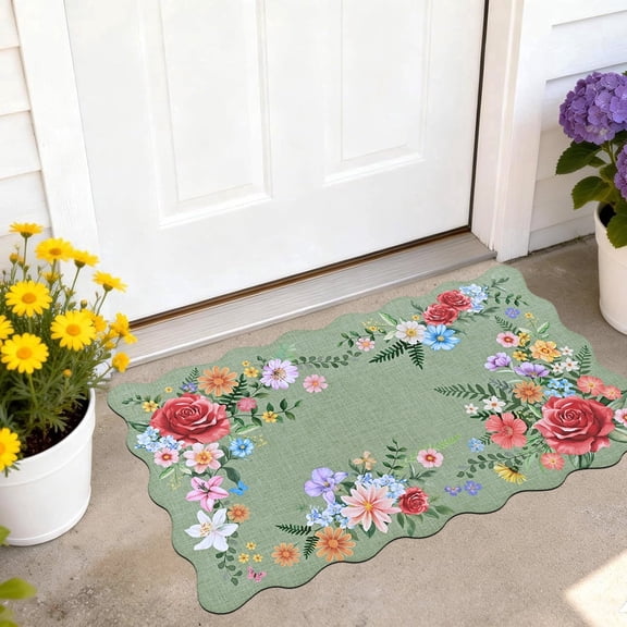 BLEUM CADE Spring Door Mat Low Profile Welcome Mat,Non Slip Rubber Backing Outside Door Mats Green Floral for Front Door,Patio,Entryway,18" x 30"