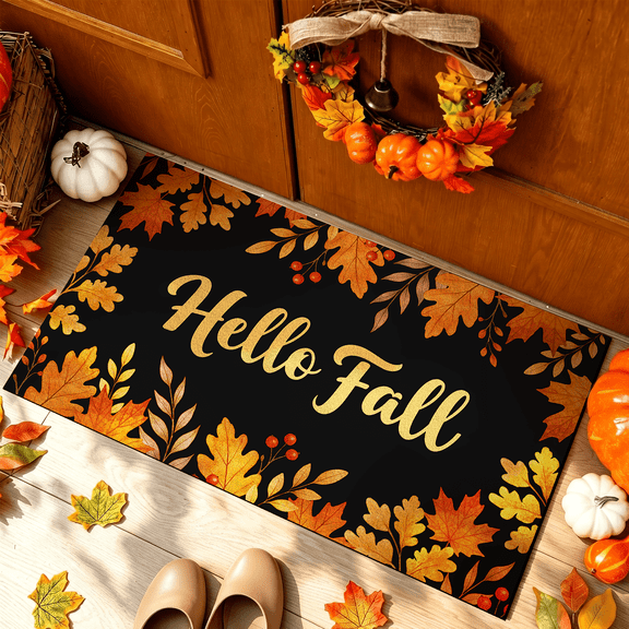 Bleum Cade Hello Fall Door Mat,Autumn Harvest Maple Leafs Doormat for Indoor Outdoor Doormats,Non Slip Low Profile Home Decor Rubber Welcome Mats,18" x 30"