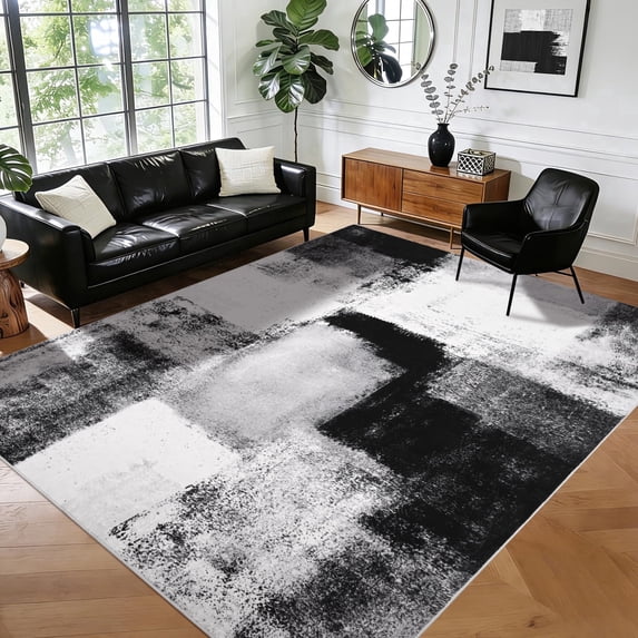 Bleum Cade 5x7 Abstract Area Rugs for Living Room, Modern Washable Rugs Non Slip Dining Room Rug, Soft Low Pile Bedroom Rug, Stain Resistant Indoor Rugs Carpet,Black