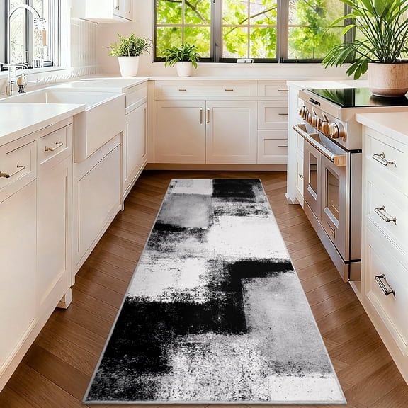 Bleum Cade Modern Abstract Patchwork Indoor Runner Rug for Living Room, 2'x 6' Rug, Throw Carpet for Office Entryway Dining Room,Black
