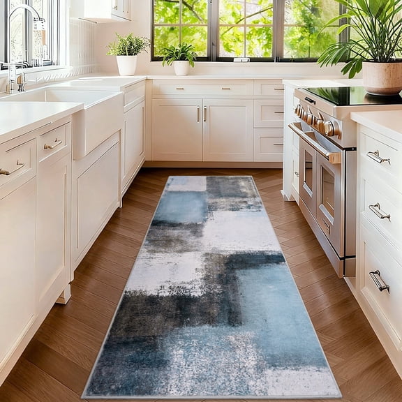 Bleum Cade Modern Abstract Patchwork Indoor Runner Rug for Living Room, 2'x 6' Rug, Throw Carpet for Office Entryway Dining Room,Blue