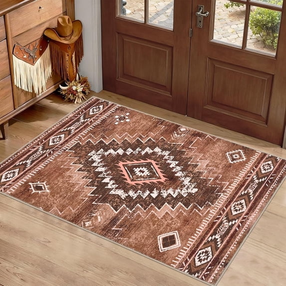 Bleum Cade Moroccan Bathroom Rug,Washable 2x3 Small Bath Mat, Boho Tribal Soft Non-Slip Geometric Entry Way Rug, Low-Pile Indoor Carpet for Bedside Entrance Laundry,Brown