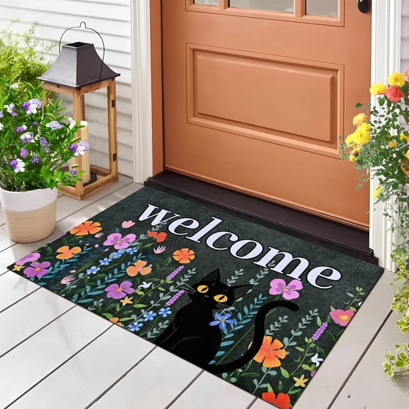 BLEUM CADE Black Cat Welcome Mat,Non Slip Low Profile Front Door Mat, Cat Floral Doormat for Front Door Porch Outdoor Patio,18" x 30"