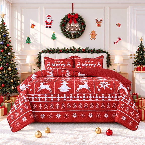 Bleum Cade 3 Piece Christmas Queen Quilt Set,Red Xmas Reindeer Patchwork Bedspread Bedding Set,Ultra Soft Microfiber Lightweight Coverlet Set,90"x 90",Red(1 Quilt,2 Pillow sham)