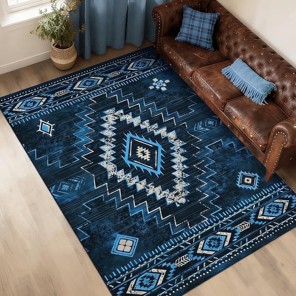 Bleum Cade Rugs for Living Room 5x7 Area Rug, Moroccan Washable Rugs for Bedroom, Non-Slip Boho Indoor Rug, Soft Low Pile Stain Resistant Geometric Floor Large Carpet Home Decor,Blue