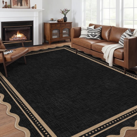 Bleum Cade Scalloped 5'x 7' Area Rug for Living Room,Washable Rug Solid Black Stain‑Resistant Carpet,Ultra Soft Low Pile Non Slip Rugs for Bedroom,Office,High Traffic Areas