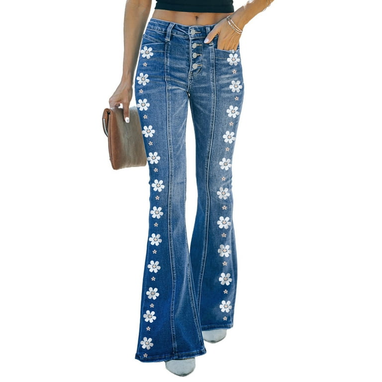 Blibea Bell Bottom Jeans for Women Plus Size Flare Pants Flower Print Wide Leg Denim Pants Blue 16 Walmart