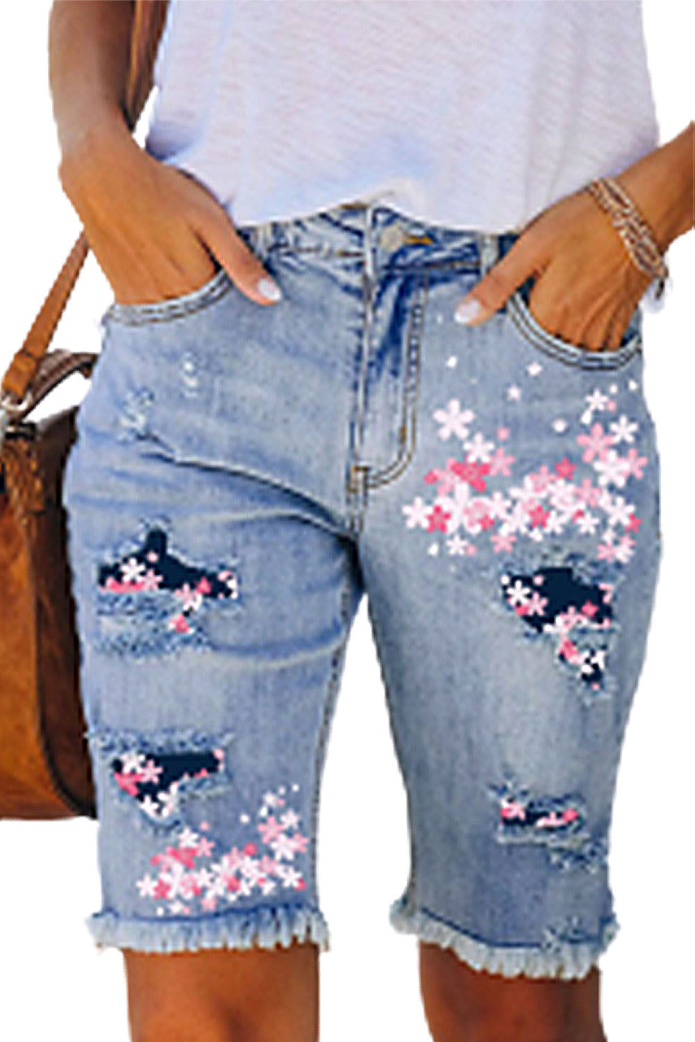 Women's Bermuda Denim Shorts - Raw Hem Distressed Jean Shorts With Stretch
