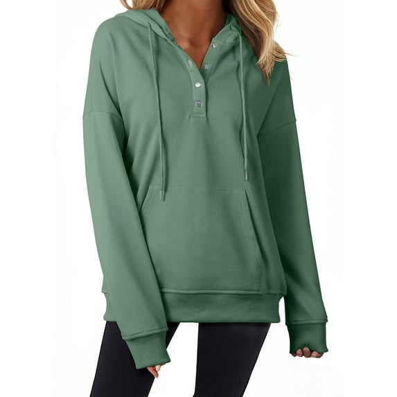 Blibea Button Down Sweatshirts for Women Drawstring Kangaroo Pocket Casual Sweatshirt Green XL