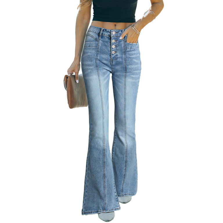 Blibea Flare Jeans for Women Plus Size High Waist Button-up Front Seam Wide  Leg Denim Pants Blue 18