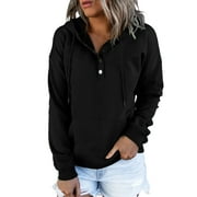 Blibea Hoodies for Women Button Closure Womens Pullover Hoodie with Kangaroo Pocket Black Hooded Sweatshirt Size XL