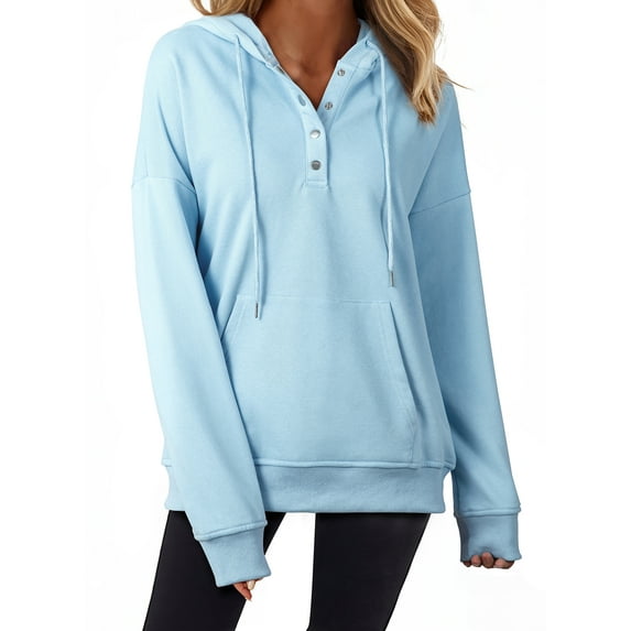 Blibea Sweatshirts for Women Drawstring 1/4 Button Closure Pullover Hooded Tops Sky Blue L