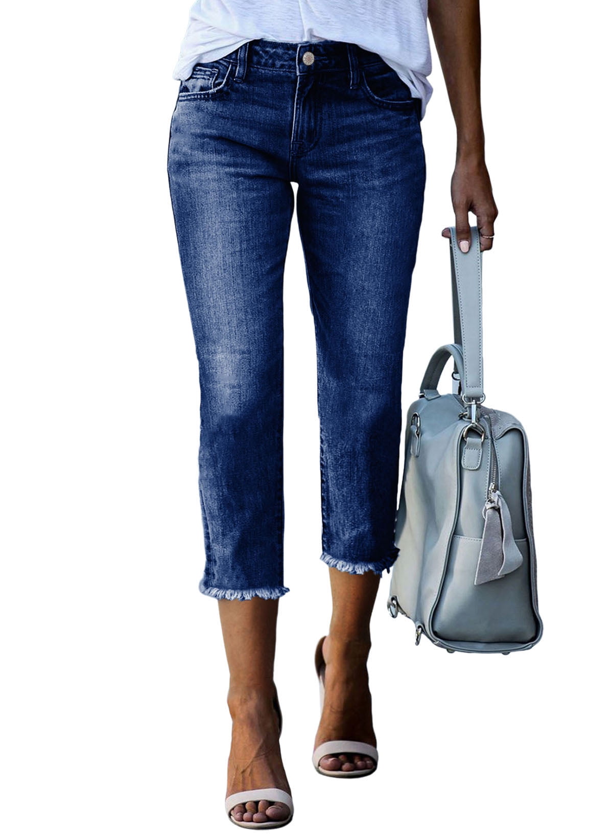 Blibea Women Capri Jeans Stretchy Straight Leg Raw Hem Denim Pants ...