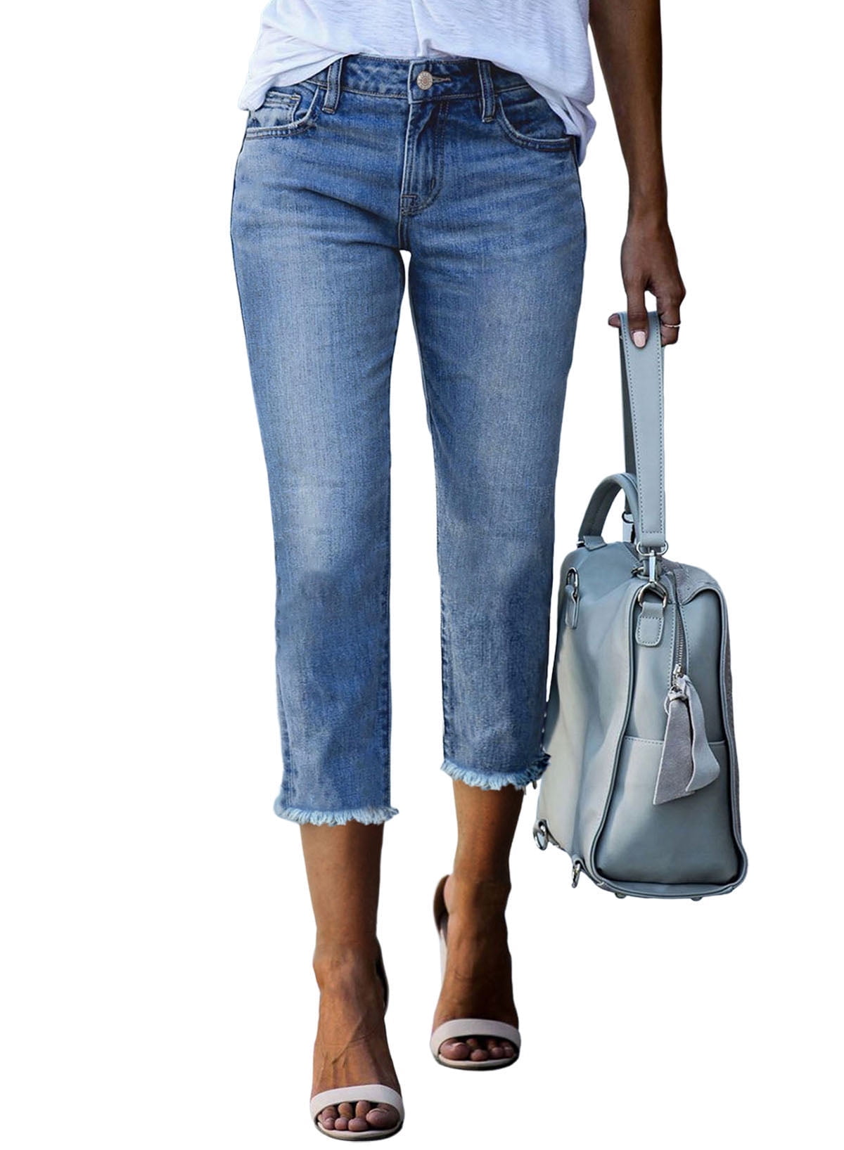 Blibea Women Capri Jeans Stretchy Straight Leg Raw Hem Denim Pants