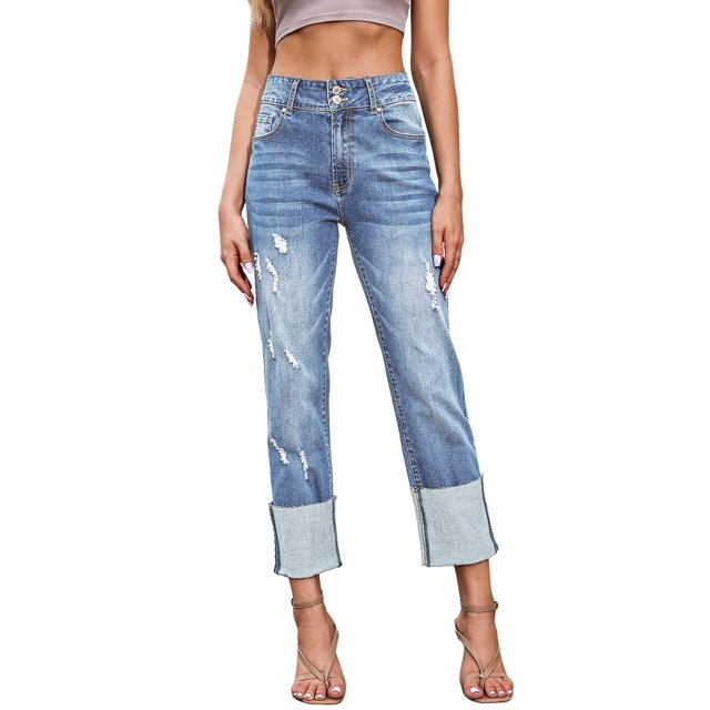 Blibea Women Straight Leg Jeans Cuffed High Waisted Boyfriend Jean