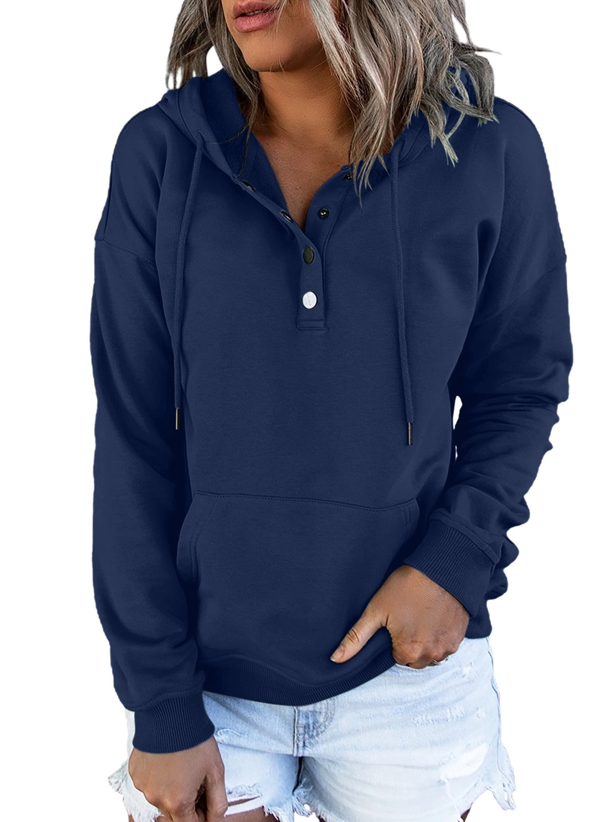 Blibea Women's Hoodie Sweatshirt Long Sleeve 1/4 Button Closure