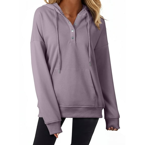 Blibea Women's Hoodie Sweatshirt Long Sleeve 1/4 Button Closure Drawstring Pullover Hooded Tops