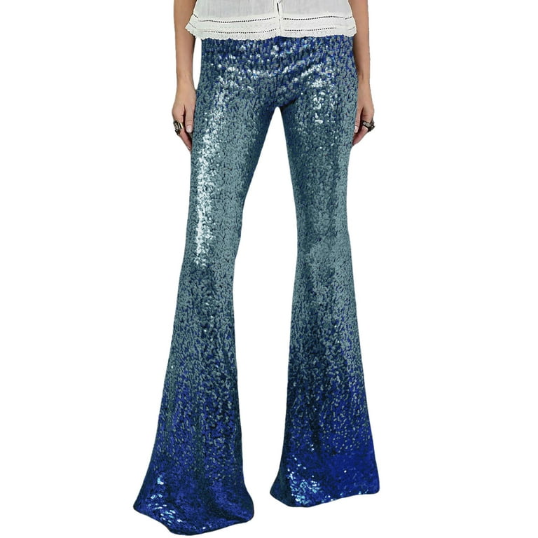 Blibea Women's Sequin Flare Pants High Waist Wide Leg Palazzo Lounge Pants Bell Bottoms Trousers