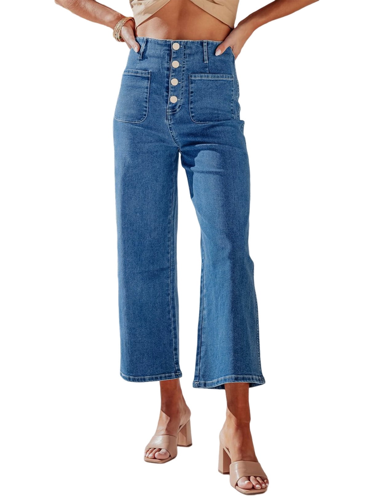 Blibea Women's Wide Leg Jeans Stretchy Casual Baggy Straight Leg Jeans High Waisted Buttoned Fashion Denim Pants