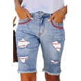 thumbnail image 1 of Blibea Womens Bermuda Jean Shorts Mid Rise Baseball Print Ripped Raw Hem Denim Bermuda Shorts Sky Blue US 12, 1 of 5
