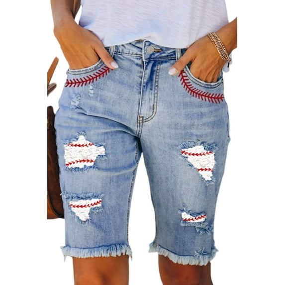 Blibea Womens Bermuda Jean Shorts Mid Rise Baseball Print Ripped Raw Hem Denim Bermuda Shorts Sky Blue US 12