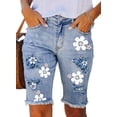 thumbnail image 1 of Blibea Womens Bermuda Jean Shorts Mid Waist Denim Bermuda Shorts with Daisy Print Patches Sky Blue Size 8, 1 of 5