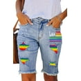 thumbnail image 1 of Blibea Womens Bermuda Jean Shorts Rainbow Print Distressed Ripped Denim Bermuda Shorts Sky Blue 14, 1 of 5