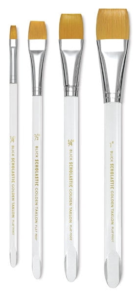 Blick Scholastic Short Handle Golden Taklon Brush Set - Flat Foot, Set of 4