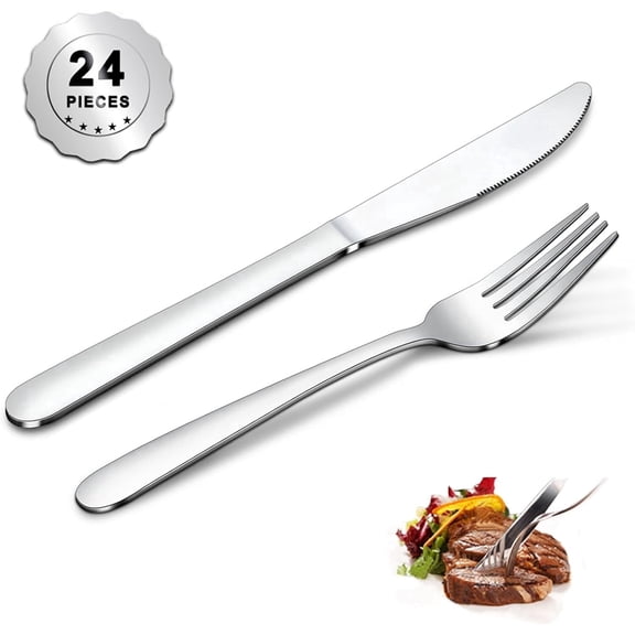 Blidinner 24 Pieces Dinner Forks and Knives Set, Food Grade Stainless Steel Silverware Flatware Cutlery Set with 12 Knives & 12 Forks, Salad Fork and Butter Knife, Mirror Polished, Dishwasher Safe