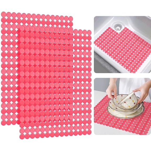 Bligli Round Sink Mats 2-Pack ,Non-Slip PVC Sink Protector, Fits Stainless Steel / Ceramic Sinks,15.7 x 11.8 inch,Fast Draining Dot Design for Kitchen Sink, Red