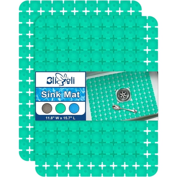 Bligli 2-Pack Sink Mats - 15.7"x11.8" Non-Slip PVC Liners, Quick-Dry Kitchen Protector for Stainless Steel/Ceramic, Dish Drying Mat (Green)
