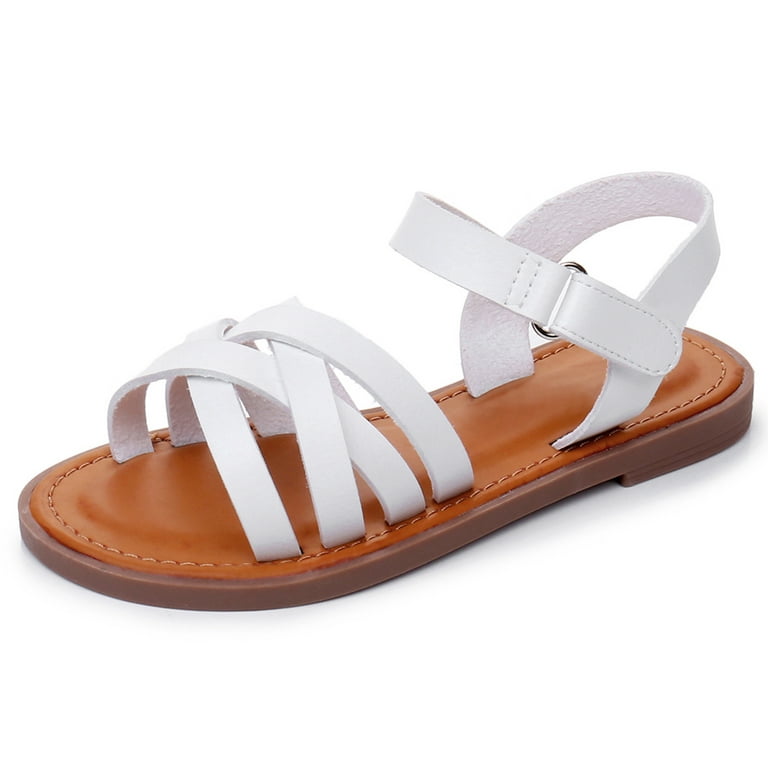 Blikcon Girls Sandals Open Toe Princess Flat Sandals Strappy Summer Shoes Color White Size 2 Little Kid
