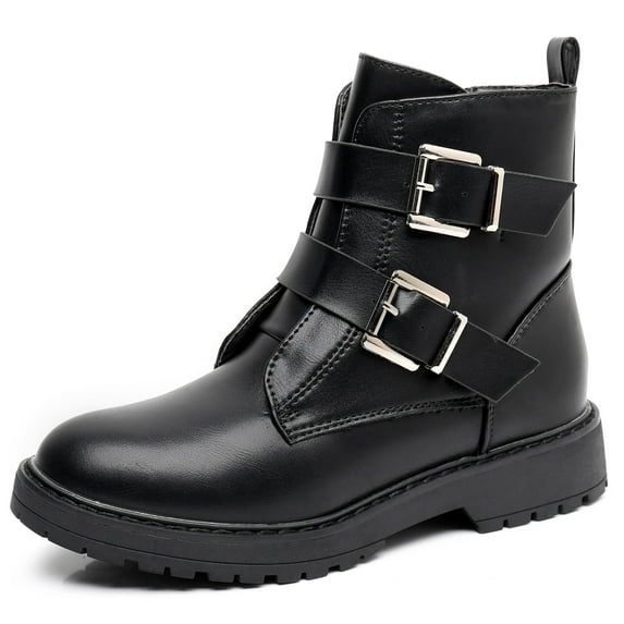 Blikcon Kids Girls Combat Ankle Boots Lace up Inner Zipper Fashion Booties (Color: Black, Size: 12 Little Kid)